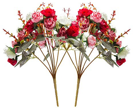 21 Heads Diamond Small Rose Artificial Flowers Artificial Rose Flower Bouquets for Home Wedding Party Decoration 2Pcs (Autumn Diamond Red)