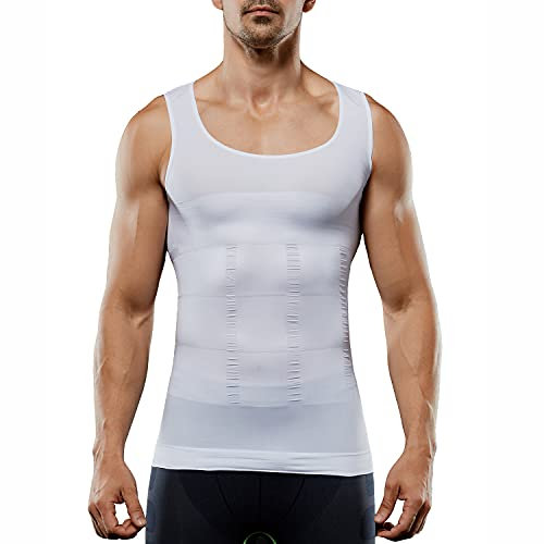 Men's Compression Shirt Sleeveless Tummy Control Vest Tummy Control Tank Top Body Shaper Shaper Wear Seamless, White, M