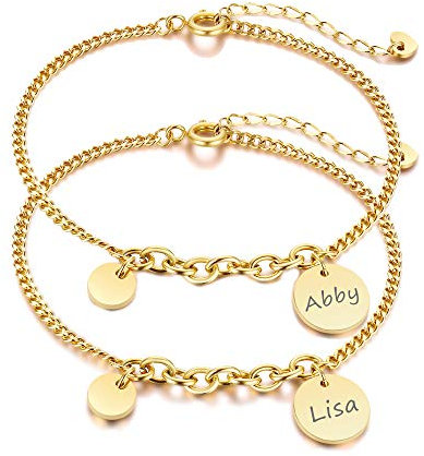 Set mit 2 Gliederarmbändern für Frauen, Kostenlose Gravur Verstellbare Freundschaftsarmbänder Personalisierte Runde Tag BFF Familienmanschette Edelstahlschmuck für Mädchen Schwester, Gold