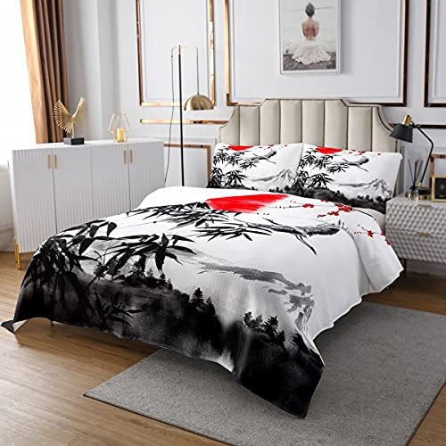 Homewish Japanischer Stil Bettdecke, Bergkranich Bettdecke Set 240x260 für Kinder Teens Erwachsene, Bambusblätter Sonnenbett-Set,Vintage-Stil Tagesdecke Leichtes Schlafzimmer Dekor, Grau Weiß