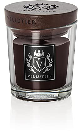 Vellutier Duftkerze Swiss Chocolate Fondant, Kerze im Glas, Spezialrezeptur aus Samtigen Wachs, Verpackt in Hochwertigem Glas mit einem Holzdeckel, Kakao- und Erdnüsse-Aroma,9 x 7cm, Klein, 90g