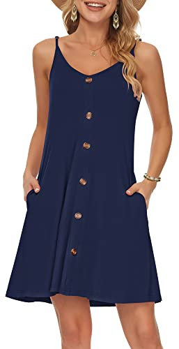 WNEEDU Vestido Mujer Verano Playa Correa Vestidos Corto Cuello en V Casual con Bolsillos Azul Marino XXL