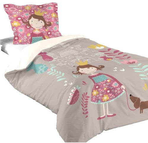 Stof Bettbezug + 1 Kissenbezug, Größe 140 x 200 cm, 100% Baumwolle, Modell Lena, Rosa und Natur, für Mädchen, Fee, Girly, Prinzessin
