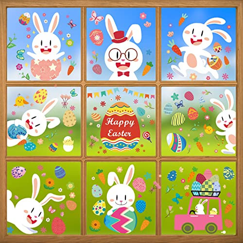 Ostern Fensterbilder Selbstklebend, 211 Pcs Fenstersticker Aufkleber PVC mit Hase Ostereier, 9 Blatt Fensterbilder Frühling Wiederverwendbar für Kinderzimmer Oster Dekorationen