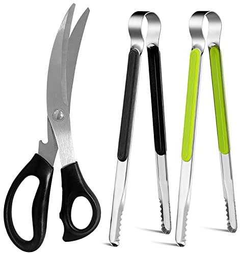 Kitchen Scissors. Korean Barbecue Scissors and Tongs Set, Kitchen Shears and Tongs for Cutting Meat, Chicken, Vegetables, Stainless Steel Multipurpose Non-slip Serrated Sharp BBQ Scissors BBQ Tongs