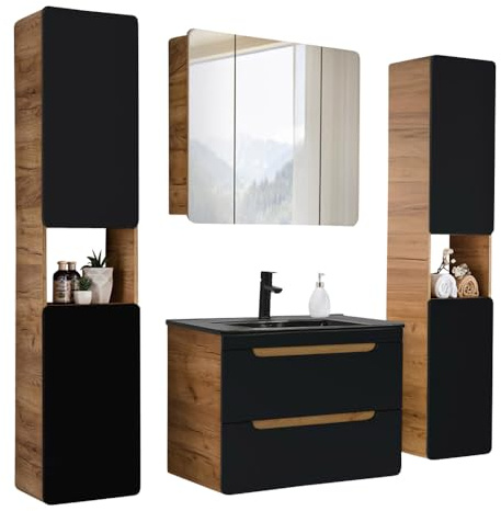 Lomadox Badmöbel Komplettset in seidenmatt anthrazit mit Wotan Eiche Nb. NEW-Luton mit 81 cm Keramik-Waschtisch & LED-Spiegelschrank, B/H/T ca. 180/200/46 cm