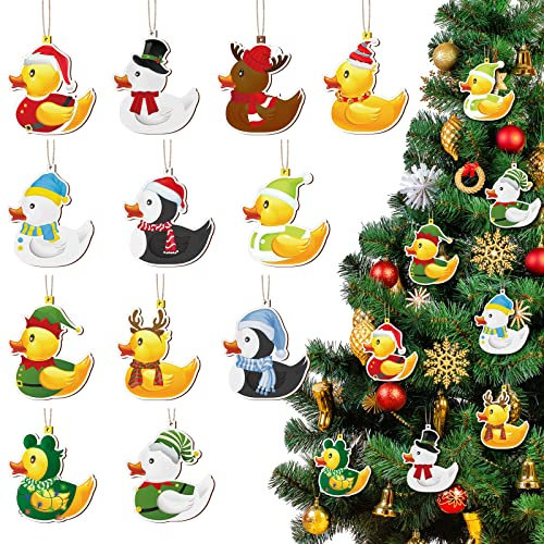 48 Stück Weihnachtsente Urlaub Ornament Dekoration Holz Gelb Ente Ornament Hängende Holz Weihnachtsschmuck für Weihnachtsbaum Party Urlaub Saison Heimdekoration