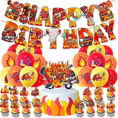 37 Stück Feuerwehr Geburtstagsdeko,Wopin- Feuerwehr Tortendeko mit Feuerwehr Ballons und Happy Birthday Girlande,Feuerwehr Deko Für Geburtstags Party
