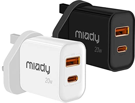 【2-Pack】 Miady 20W USB C Plug Fast Charge, Type C and USB Charging Plug Adapter UK for iPhone 14(Pro/Pro Max)/13/12 series etc, iPad, Samsung, Huawei etc.