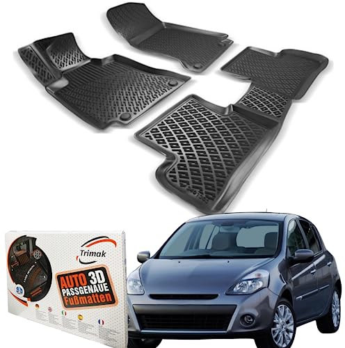 Trimak Passgenau 3D Fussmatten Auto Kompatibel mit Renault Clio 3 2006-2012 Auto Zubehör 1. und 2. Reihe Gummimatten Autos TPE Allwetter Geruchlos rutschfest Vorne und Hinten Schwartz