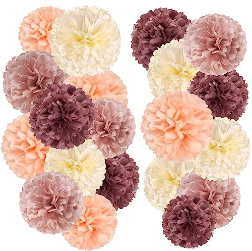 SUNBEAUTY Party Dekoration Pompons - 20 Stück Creme Fuchsie Korallenrot Pfirsich Seidenpapier Pompoms Deko für Hochzeit, Tischdeko Geburtstag, Babyparty Deko, Abschlussball, Deko Gartenparty