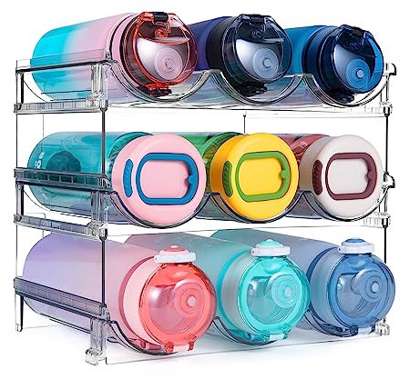 spospo Organiseur de bouteilles d'eau pour armoire, lot de 3 étagères de rangement pour bouteilles d'eau et étagère de rangement, support de bouteille d'eau en plastique pour réfrigérateur, cuisine,