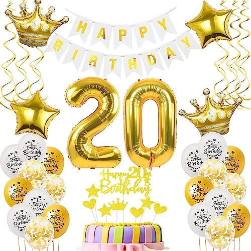 Luftballons 20. Geburtstag Mann Frauen Deko gold Tortendeko 20. Geburtstag Mann Party Deko Weiß gold Geburtstagsdeko 20 Jahre dekoration Frau Männer 20. deko torte