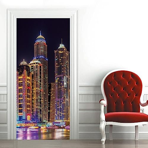 A.Monamour Türtapete Selbstklebend Türfolie Türposter 3D Nachtansicht Moderner Gebäude In Dubai Vinyl Folie Türdeko Tapete Wandbild Türaufkleber Türtattoo 85x200cm