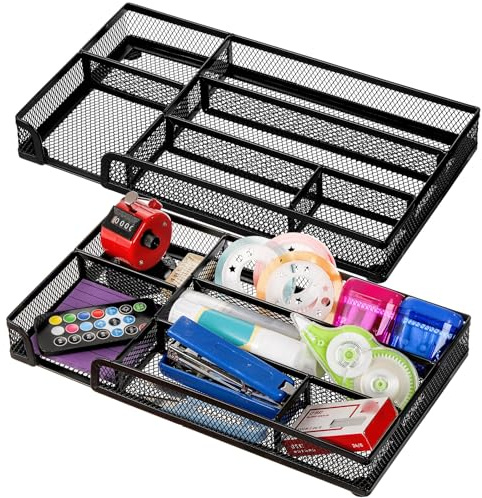 Noamus 2 Pack Desk Drawer Organizer, Black Metal Mesh Dividers Drawer Box, 6 Compartments Organizer Tray with Anti-slip Mats, Desktop Basket Supply Holder Accessories for Home Office School Kitchen