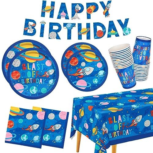 Outer Space Party Supplies - Solar System Planet-Themed Disposable Paper Plates, Napkins, Cups, Tablecloth, and Banner: Ideal Galaxy Space Birthday Decorations for Party of 25