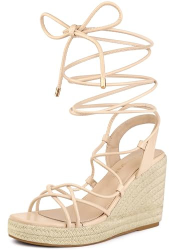 Allegra K Alpargatas con tacón de Plataforma y Cordones para Mujer Sandalias con cuña Beige 38