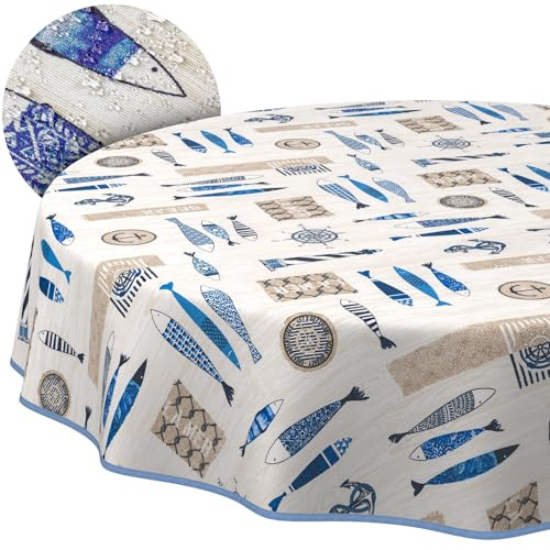 ANRO Tischdecke abwaschbar Maritim mit Saum rund Ø 140 cm Tischwäsche | mit Saum eingefasst – schmutz- & wasserabweisend, pflegeleicht – waschbar bei 30 °C – ideal für Garten, Terrasse & Esszimmer