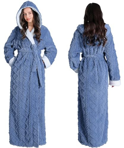 Oksun Womens Long Dressing Gown Robe Full Length Ladies Fluffy Plus Size Fleece Hooded Winter Warm Bathrobe (Blue,L)