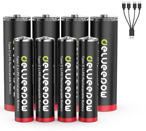Delyeepow USB-C AA AAA Akkus Lithium Wiederaufladbare, 1.5V 3400mWh AA 4 Stück 1200mWh AAA 4 Stück USB Wiederaufladbare Batterien mit 4-in-1 USB-C Ladekabel, 1 Stunden Schnellladung, 1500 Zyklus