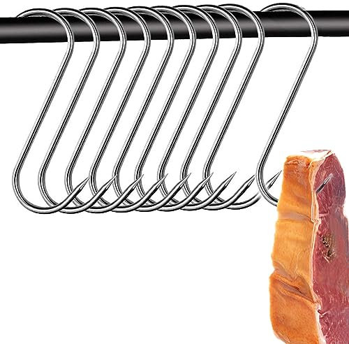 Ompinda S Hooks for Hanging Meat, 10 Pcs Heavy Duty Stainless Steel S Shaped Butcher Hook Smoking Hooks for Chicken/Beef Hook Tool (7 inch)