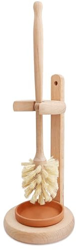 CRAKTH Wood Toilet Brush and Holder Set, Beechwood Toilet Bowl Cleaner Brush for Bathroom, Natural Sisal Bristles Toilet Scrubber with Stand