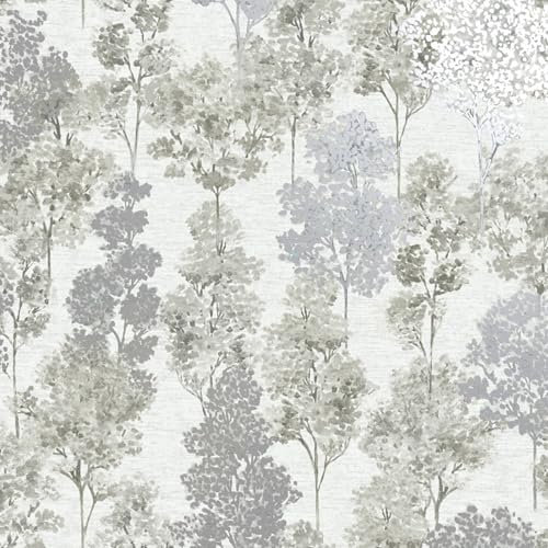 SOPHIELAURENCE Grey Whinfell Tree Wallpaper Hand Painted Effect Silver Metallic Shimmer - Grey Feature Wall Wallpaper - Paste The Wall