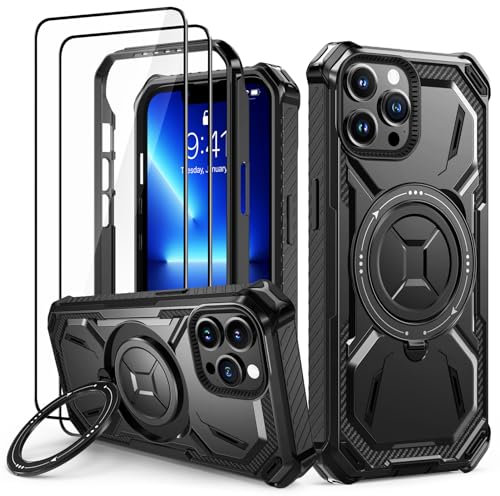 Lanhiem Coque pour iPhone 13 Pro avec 2 Verre Trempé, Antichoc Étui de Militaire Protection, Anneau Support Renforcée Armure Coque pour iPhone 13 Pro Housse, Noir