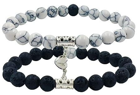 2 Stück Naturstein Magnetische Paar Armbänder, Weiß Türkis + Vulkangestein Energiestein Armband Set für Sie und Ihn, Langstrecken Beziehungsarmband für Freund, Freundin, Schmuck, Geschenke