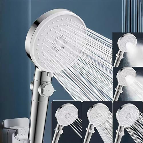 Pommeau de Douche Haute Pression, 12CM Grande Pomme de Douche Economie Deau avec Interrupteur de Stop, 5 Types de Jet Argent Douchette avec Filtre pour Bain SPA