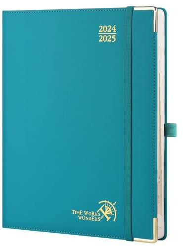 POPRUN Premium Kalender 2025 Wochenplaner (Aug.2024-Dez.2025), ca. A4 (26,5 x 21,5 cm), 17-Monate-Terminplaner, Buchkalender 2025 Hardcover mit Vergoldete Schutzecken, 100 GSM Papier - Pazifikgrün