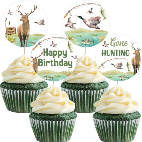 JOYMEMO 24 Pcs Jagd und Fischerei Geburtstag Cupcake Toppers - Gone Hunting Fishing Geburtstag Party Supplies für Jungen Mädchen, doppelseitige Jäger Fischer Geburtstag Cupcakes