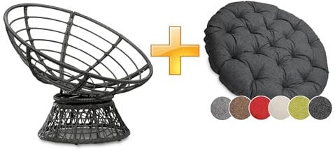 sunnypillow Papasansessel | Rattansessel mit Kissen rund Durchmesser 120 cm | gemütlicher Loungesessel drehbar für Wohnzimmer | Balkon Sessel Korbsessel Rattan Lesesessel | Outdoor/Indoor | Antrazit
