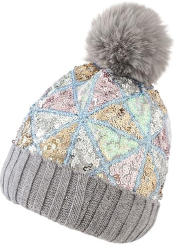 BONFUN Wendbare Wollmütze Mit Pailletten, Warme Wintermütze Mit Bommel, Abnehmbare Wollmütze(Color:Gray)