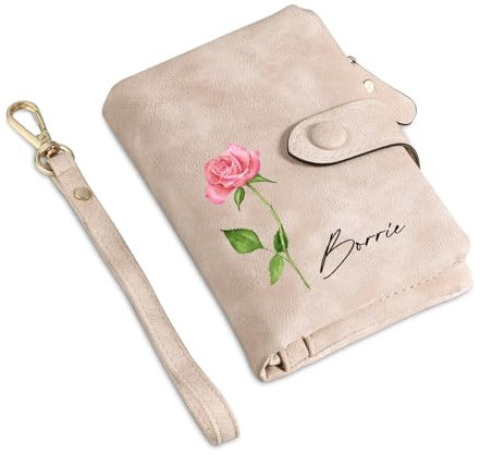 Portafoglio Donna Personalizzato Portafoglio in Pelle con Nome Fiore di Compleanno Regalo per Donna Mamma Moglie Amica Figlia (Rosa)