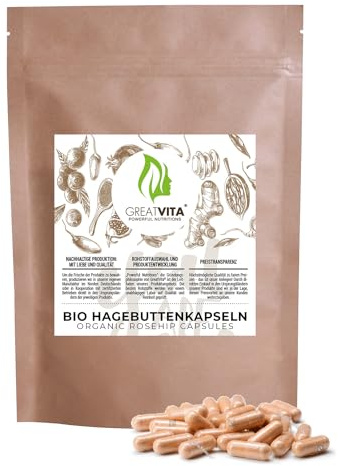 GreatVita Bio Hagebutten Kapseln 270 Stück | 500mg/Tabletten Hagebuttenpulver - 3000mg Tagesdosis | 100% rein ohne Zusätze | Laborgeprüft EU-Anbau (DE-ÖKO-037)