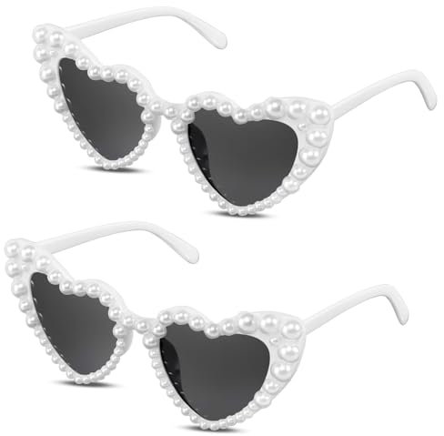 YGKYMVW Herz Sonnenbrille 2 Stück Herz Perle Sonnenbrille Vintage Herzform Brille Herz Brille UV400 Schutz, Retro Herzförmige Sonnenbrillen Weiß Liebesherz Sunglasses für Damen Urlaubsparty