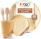 FOOGO Green 300pcs Disposable Palm Leaf Plates, Paper Cups and Wooden Cutlery Set, FSC® Certified, 50x Large Round, 50x Small Side Plates, 50x Cups, 50x Forks, 50x Knives, 50x Spoons, Eco