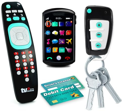 Pretend Play Playset for Toddlers Babies, Musical Toys with Light and Sound for Boys and Girls, TV Remote Control and Smart Phone Toys and Car Remote and Playing Key with Cards Toy Set