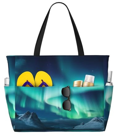 KCGSDEGV Schöne Strandtasche mit Nordlichtern, bedruckt, für Damen, wasserdichte Handtaschen, Schultertaschen mit Reißverschluss und Tasche für Reisen, Schule, Arbeit, Einkaufen, Schwarz ,