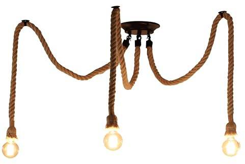 EmyZöilure 3 Head 2 Meter Vintage Hemp Rope Pendant Light Fixture E26/E27 Base, Vintage Ceiling Light Lamp,Retro Style for Dining Hall Restaurant Bar Lighting(Bulb not Included)