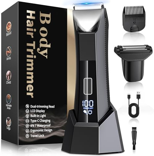 Gesichtshaartrimmer KUAIVO Intimrasierer Mann, 2 in 1 Körperrasierer IPX7 Wasserdicht mit LED-Licht, Nass&Trocken Intimbereich Rasierer Body Trimmer Typ C für Beine, Achseln
