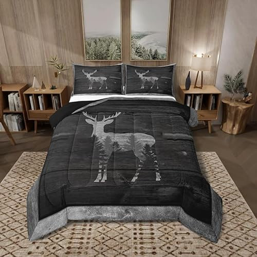 Castle Fairy Bettwäsche-Set mit Hirsch-Silhouette, Queen-Size-Größe, 3-teilig, Retro-Stil, graue Holzstreifen, kariert, für Kinder, Teenager, Erwachsene, Dschungel, Kiefernbäume, Tierhütte, Steppdecke