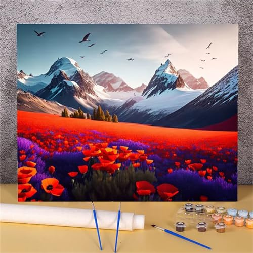 Coquelicot rouge Peinture par Numéros pour Adultes,sans Cadre DIY Montagne Kit de Peinture à l'huile sur Toile Artisanat,avec Pinceaux Peintures Acryliques pour Enfants Décor la Cadeau - 40x50cm