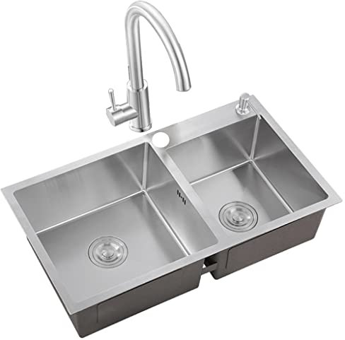 Kitchen Stainless Steel Sink Bar Double-Basin Sink Drop-In Or Undermount Llation With Drain Assembly & Elbow Faucet (Silver 72X40X20Cm)