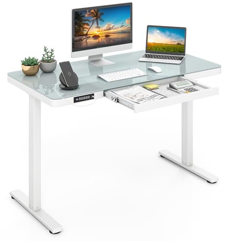 Giantex Bureau Assis Debout Électrique 120 x 60 CM, Réglable en Hauteur avec Tiroir, Plateau en Verre Inscriptible, Port USB et Type C, Pré-réglages de Mémoire (Blanc)