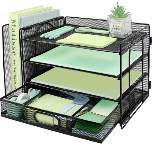 3 Tier Desk File Organiser with Extra Vertical File Sorter, Paper Letter Tray with Top Stationery Drawer Holder, A4 Paper Desktop Filing Trays, Magazine Document Holder for Home Office, Black