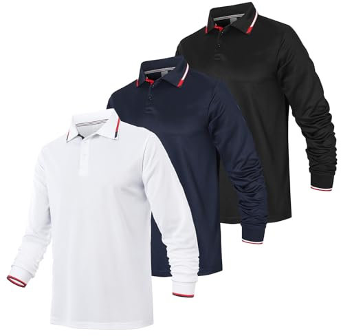 Gaiatiger 3 Pack Mens Polo Shirts Breathable Moisture Wicking Work Polo T Shirts Casual Tops Long Sleeve Golf Shirts Sports Tee,P8510-3,Black Navy White,XL