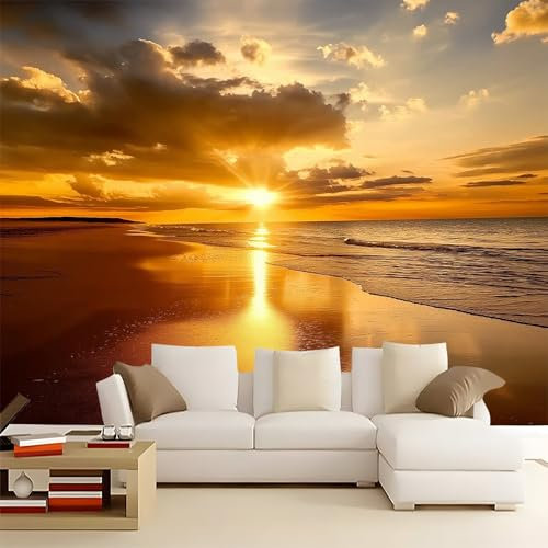 Fototapete 200 x 140 cm 3D Effekt Wandtapete Natur Sonnenuntergang Am Strand Vliestapete für Wohnzimmer Schlafzimmer Wand Dekoration Orange Farbe Moderne Art Panorama tapeten Fototapeten