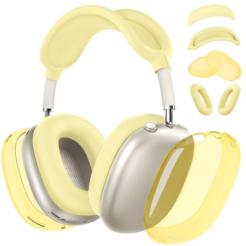 Custodia 4 in 1 in silicone per AirPods Max, in morbido TPU trasparente, copriauricolari, copertura per archetto, accessori trasparenti per Apple AirPods Max (2024/2020) (USB-C/Lightning), giallo